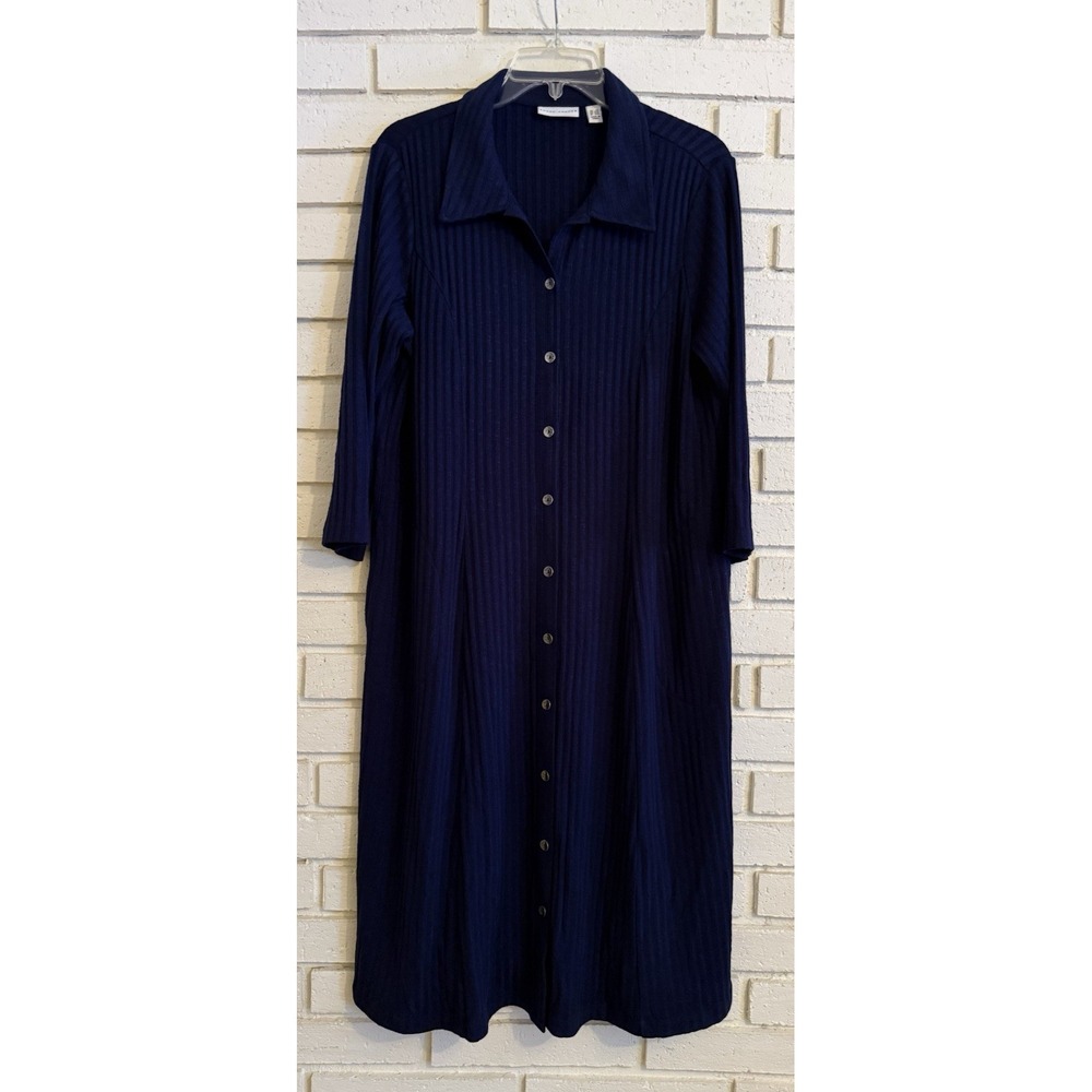 Susan Graver Size Lg Petite Women's Blue Ribbed Knit Button Up Dress Long Sleeve